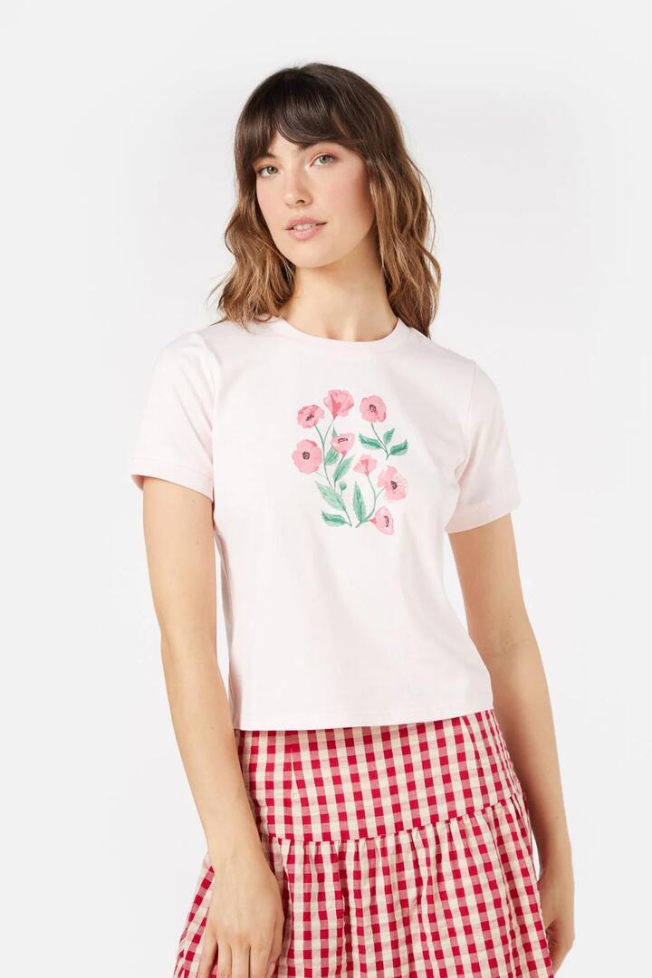 Image of a model wearing Tops. Productname: Poppy T-Shirt in Pink colour by brand - Princess Highway