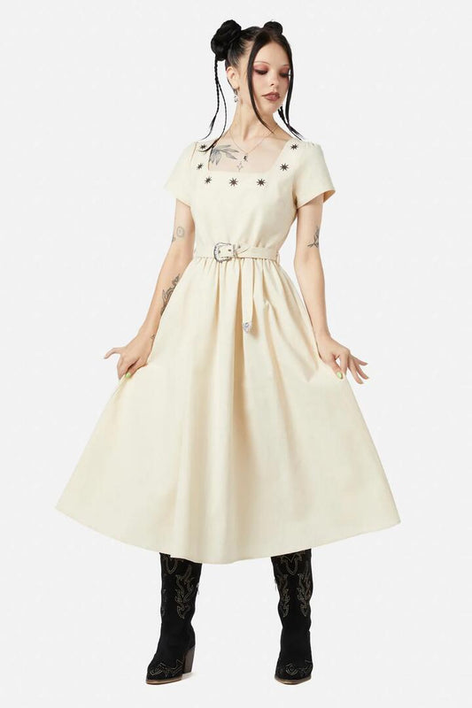 Image of a model wearing Dress. Productname: Saloon Midi Dress in Cream colour by brand - Black Friday