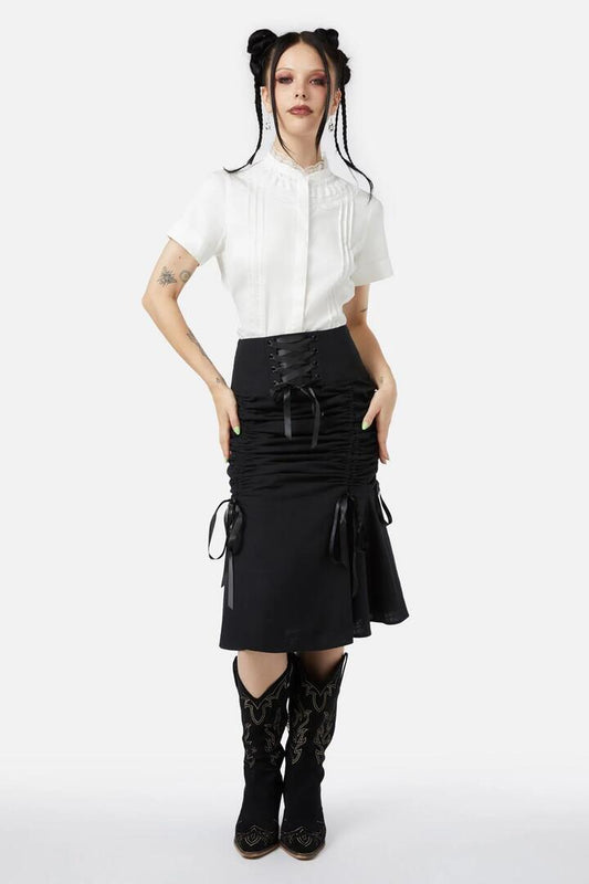 Image of a model wearing Skirts. Productname: Saloon Ruched Skirt in Black colour by brand - Black Friday