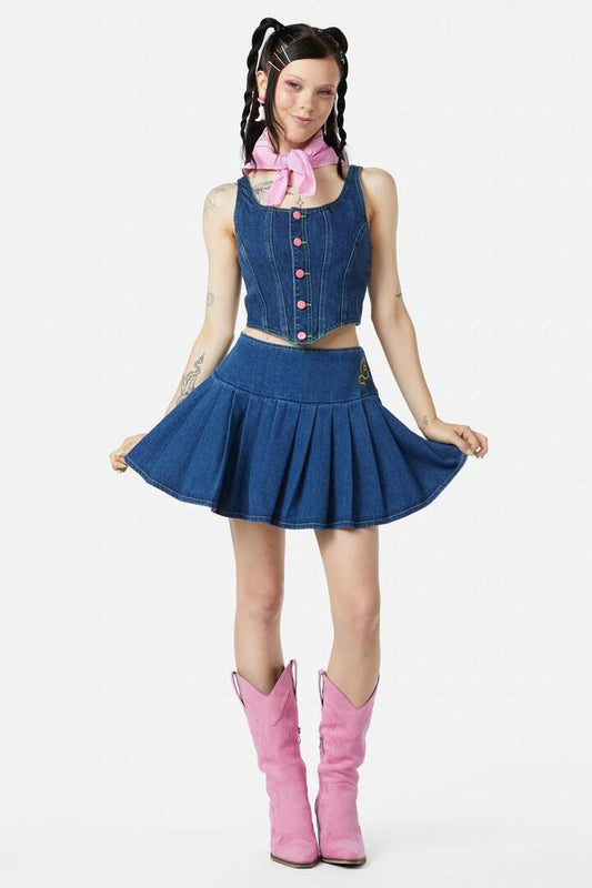 Image of a model wearing Denim. Productname: Bandit Denim Skort in Blue colour by brand - Dangerfield