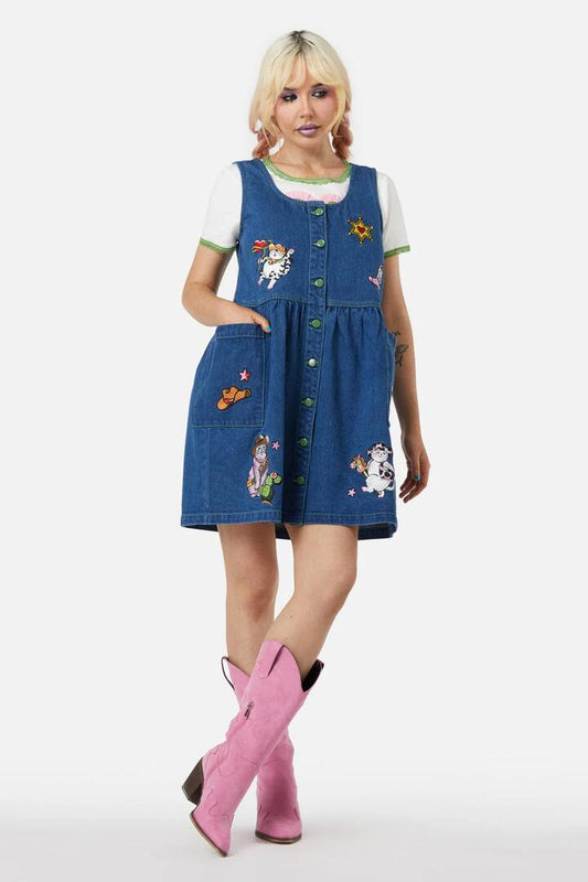 Image of a model wearing Denim. Productname: Bandit Denim Pinafore in Blue colour by brand - Dangerfield