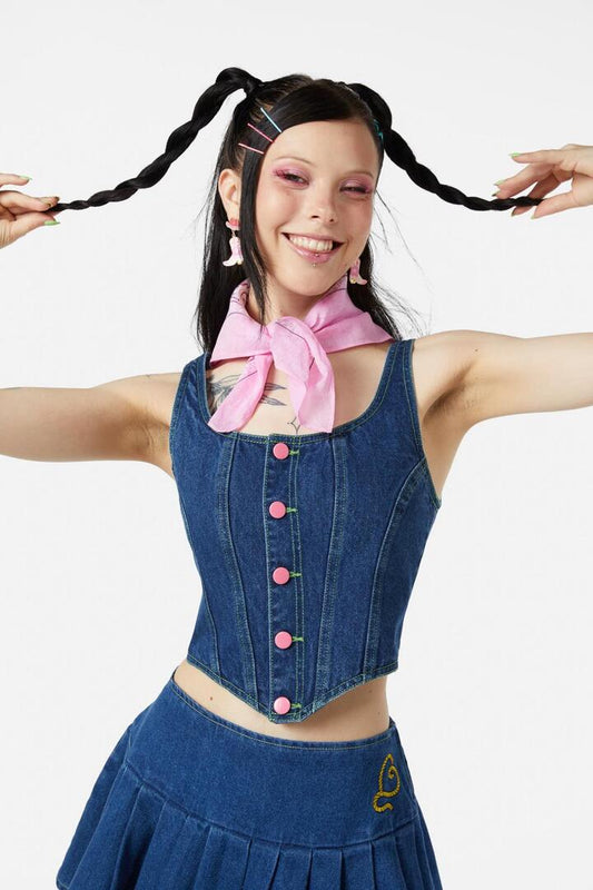 Image of a model wearing Denim. Productname: Bandit Denim Corset in Blue colour by brand - Dangerfield