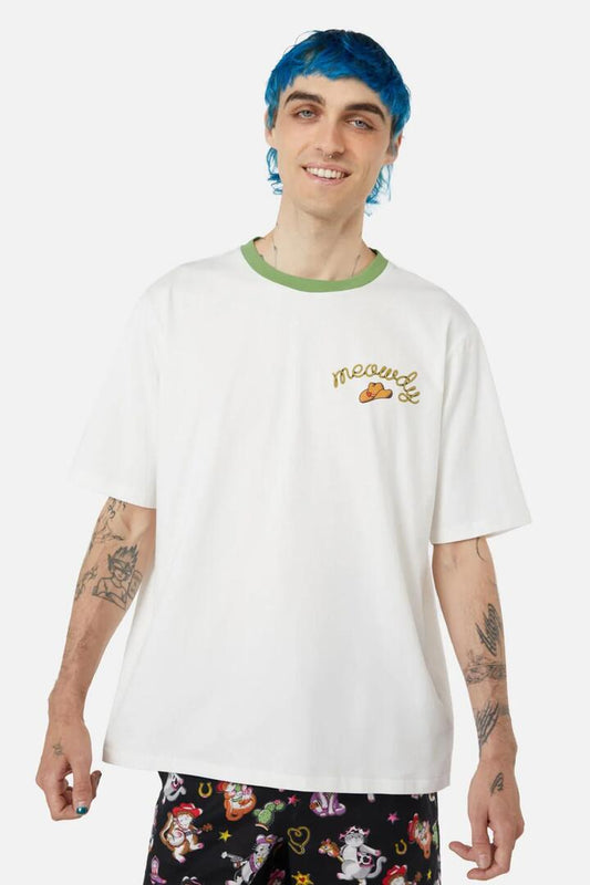 Image of a model wearing Tops. Productname: Meowdy Band Tee in Cream colour by brand - Dangerfield