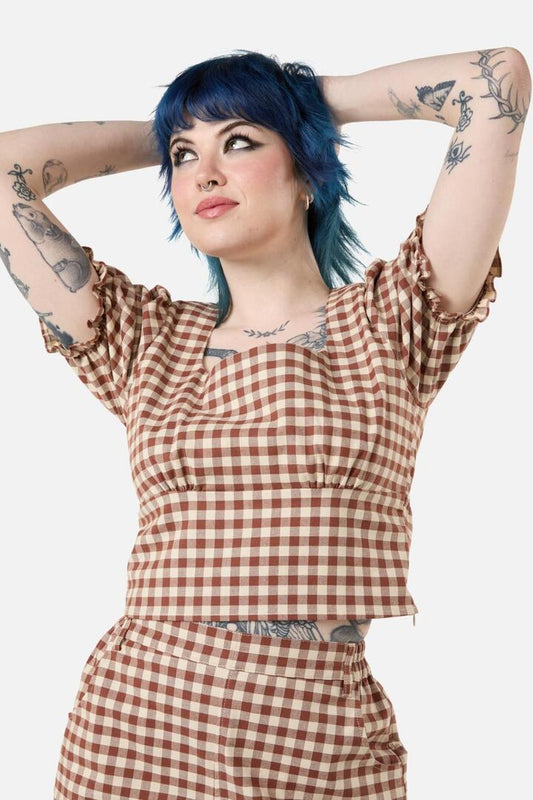 Image of a model wearing Tops. Productname: Saloon Gingham Blouse in Cream/Brown colour by brand - Black Friday