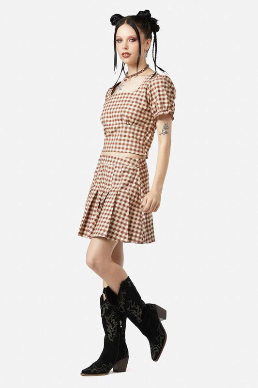 Image of a model wearing Skirts. Productname: Saloon Gingham Skirt in Cream/Brown colour by brand - Black Friday
