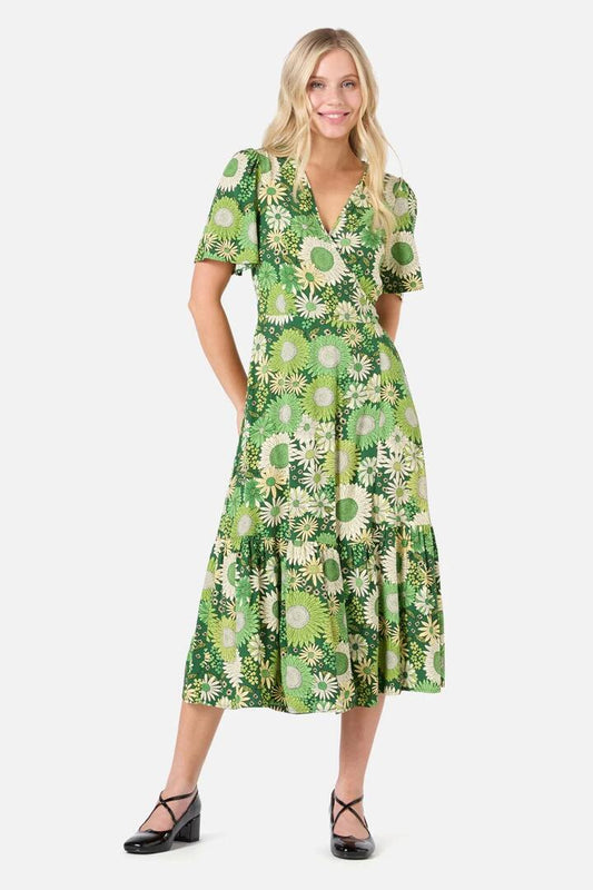 Image of a model wearing Dress. Productname: Viva Floral Midi Wrap Dress in Green colour by brand - Princess Highway
