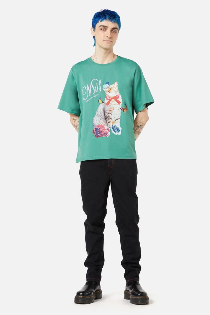 Image of a model wearing Tops. Productname: Milf Tee in Teal colour by brand - Dangerfield
