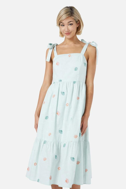 Image of a model wearing Dress. Productname: Shells Emb Midi Dress in Mint colour by brand - Princess Highway