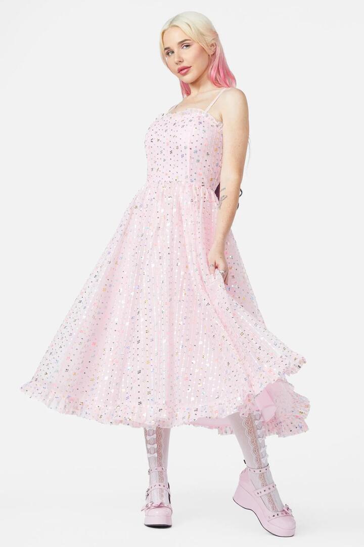 Image of a model wearing Dress. Productname: Bubbles Dress in Pink colour by brand - Dangerfield