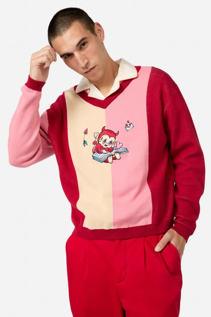 Image of a model wearing Tops. Productname: Love Letter Contrast Knit in Pink/Red colour by brand - Dangerfield