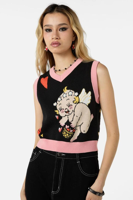 Image of a model wearing Tops. Productname: Love Bird Knit Vest in Black colour by brand - Dangerfield