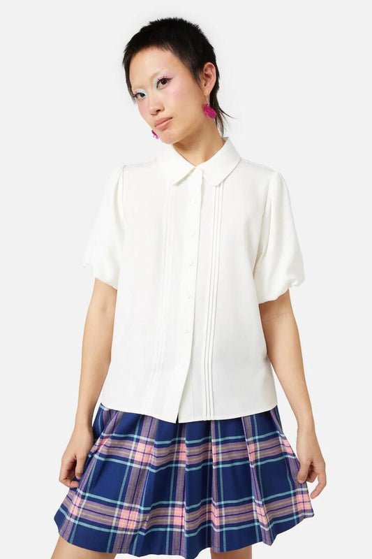 Image of a model wearing Tops. Productname: Pearly Blouse in Cream colour by brand - Dangerfield