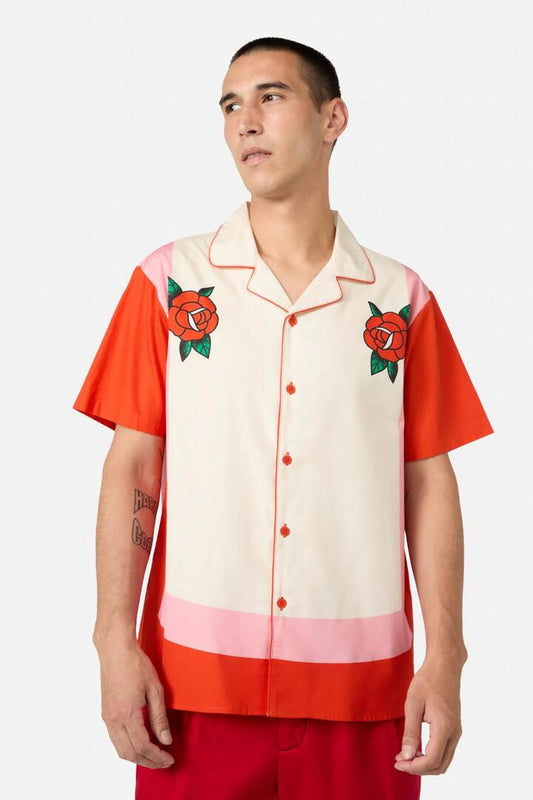 Image of a model wearing Tops. Productname: Love Letter Stripe SS Shirt in Pink/Red colour by brand - Dangerfield