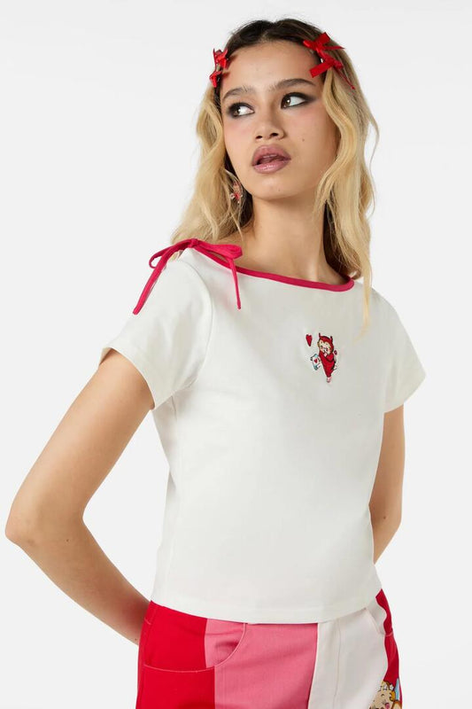 Image of a model wearing Tops. Productname: Love Letter Tattoo Tee in Cream colour by brand - Dangerfield