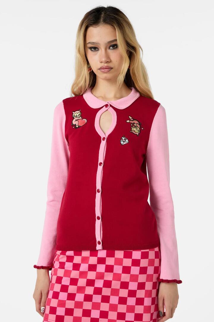Image of a model wearing Outerwear. Productname: Love Found Contrast Cardi in Pink/Red colour by brand - Dangerfield