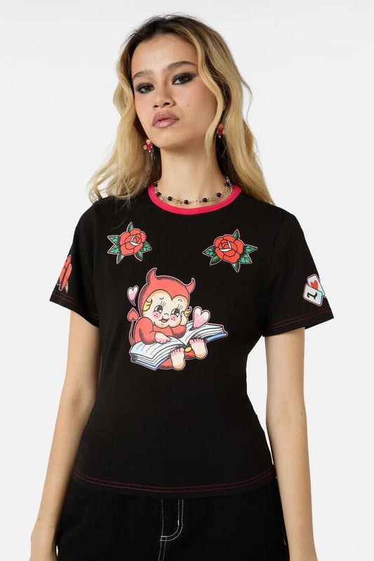 Image of a model wearing Tops. Productname: Love Bird Tee in Black colour by brand - Dangerfield