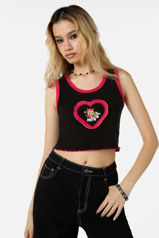 Image of a model wearing Tops. Productname: Love Letter Frill Heart Tank in Black colour by brand - Dangerfield