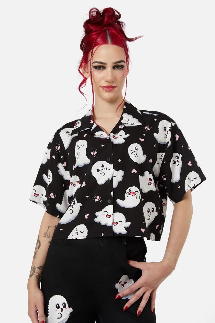 Image of a model wearing Tops. Productname: Ghostie Print Blouse in Black colour by brand - Black Friday