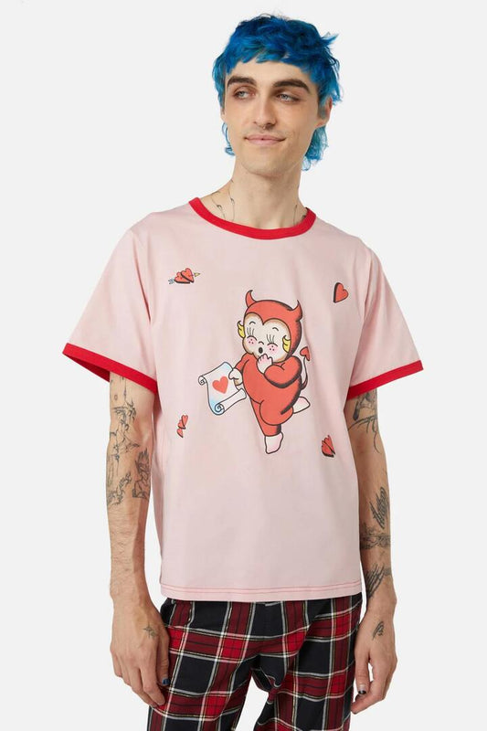 Image of a model wearing Tops. Productname: Love Letter Unisex Tee in Pink colour by brand - Dangerfield