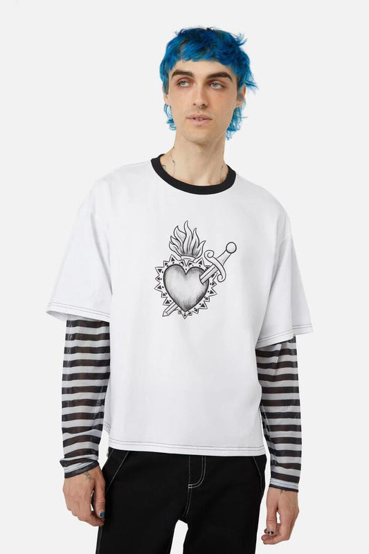 Image of a model wearing Tops. Productname: Immaculate Contrast LS Tee in White colour by brand - Dangerfield