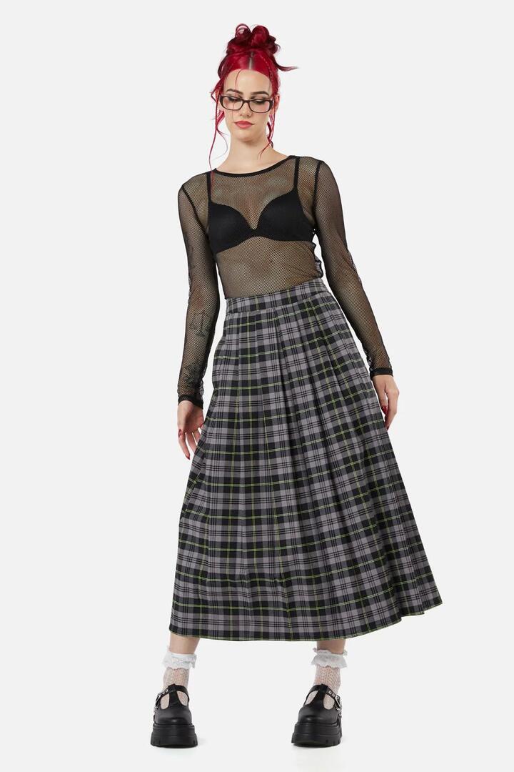 Image of a model wearing Skirts. Productname: Encounter Tartan Midi Skirt in Black/Green colour by brand - Black Friday