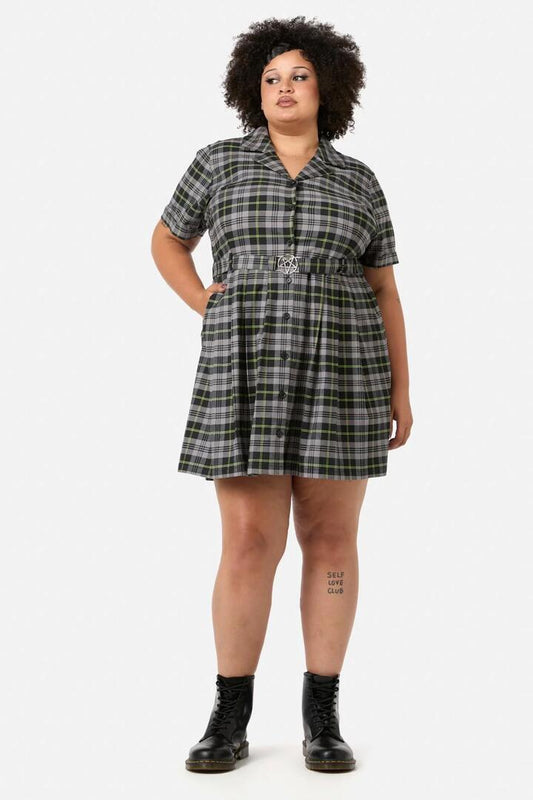Image of a model wearing Dress. Productname: Curve Encounter Tartan Dress in Black/Green colour by brand - Black Friday