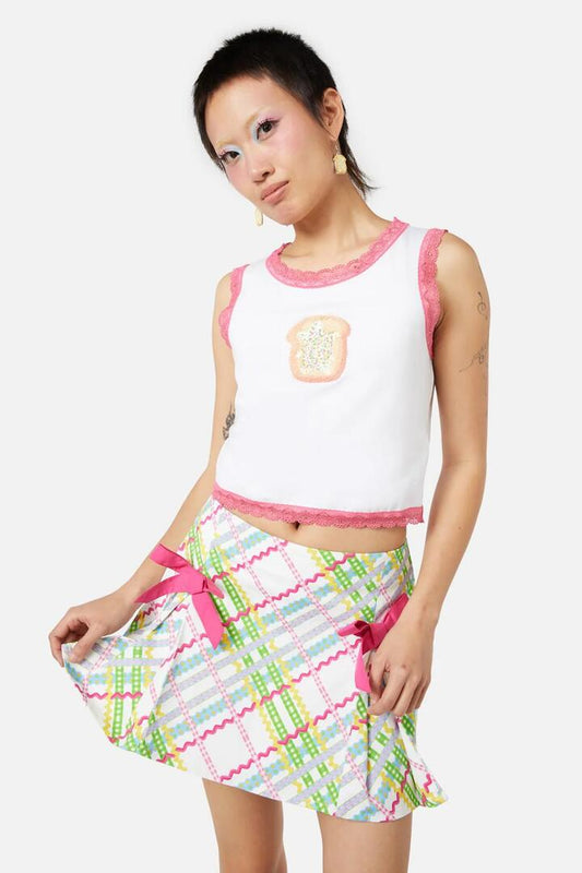 Image of a model wearing Tops. Productname: Fairybread Anthem Tank in White colour by brand - Dangerfield