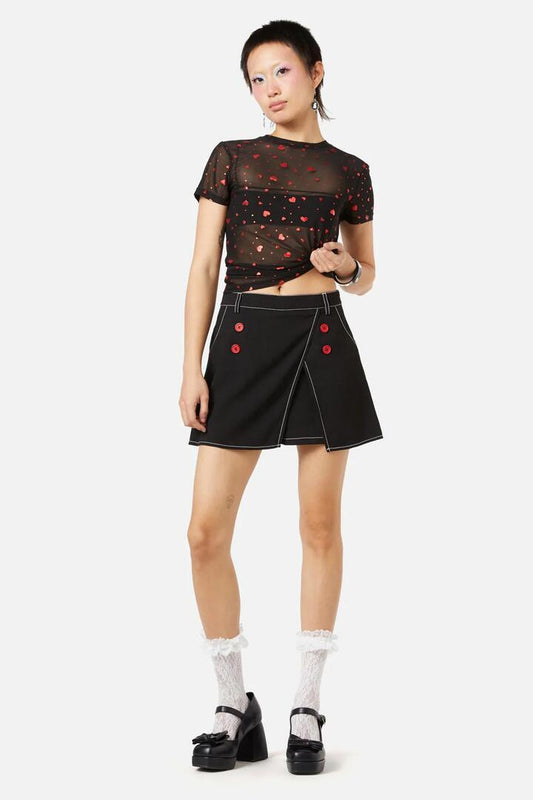 Image of a model wearing Skirts. Productname: Queen Of Cats Basic Skort in Black colour by brand - Dangerfield
