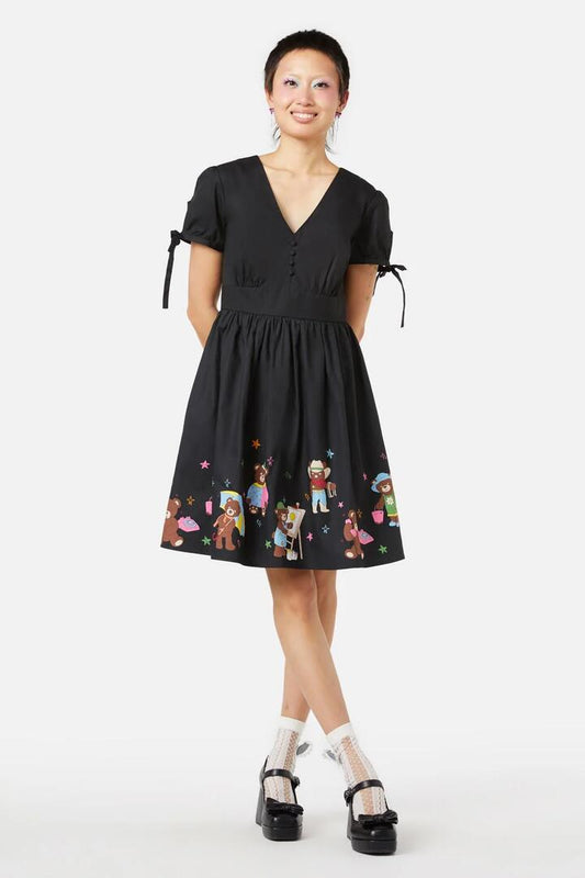 Image of a model wearing Dress. Productname: Teddy Bear Border Dress in Black colour by brand - Dangerfield
