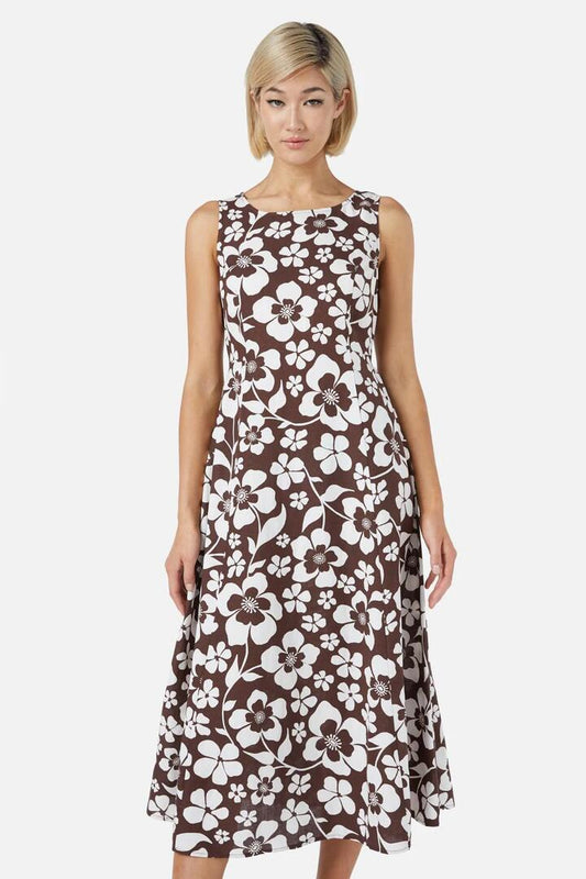 Image of a model wearing Dress. Productname: Cecilia Midi Dress in Chocolate colour by brand - Princess Highway