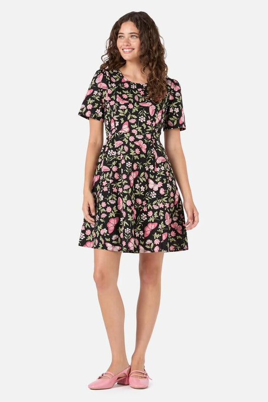 Image of a model wearing Dress. Productname: Yvette Butterfly Mini Dress in Pink colour by brand - Princess Highway