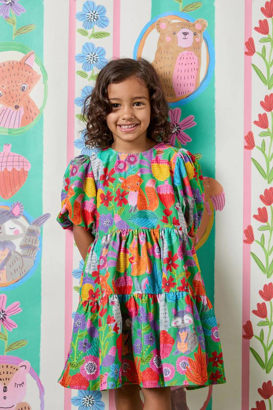 Image of a model wearing Dress. Productname: Woodland Kids Cord Dress in Green colour by brand - Princess Highway Kids
