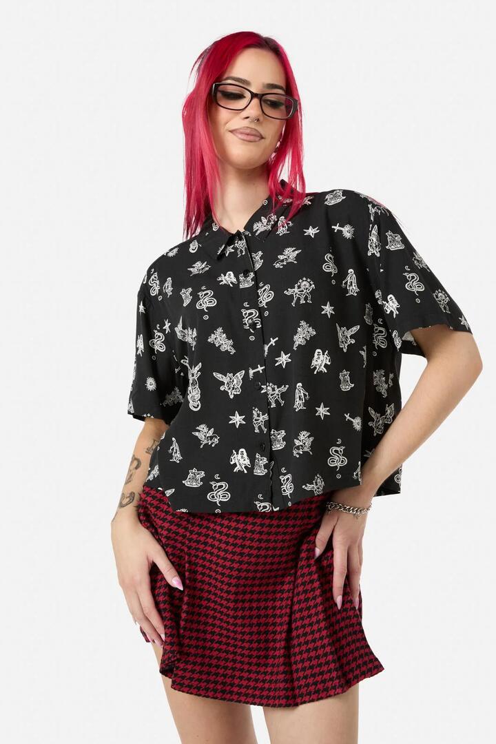 Image of a model wearing Tops. Productname: Darc Printed Blouse in Black colour by brand - Black Friday