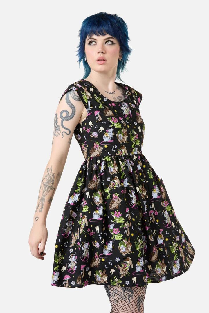 Image of a model wearing Dress. Productname: Collectors Guild Print Dress in Black colour by brand - Dangerfield