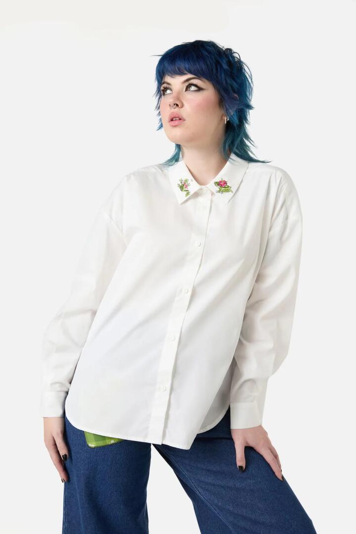 Image of a model wearing Tops. Productname: Critters Collared Shirt in Cream colour by brand - Dangerfield