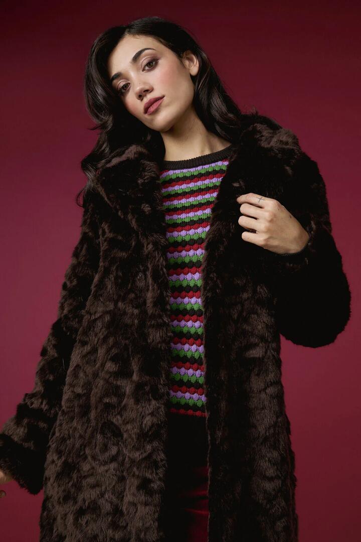 Image of a model wearing Outerwear. Productname: Bailey Faux Fur Coat in Chocolate colour by brand - Princess Highway