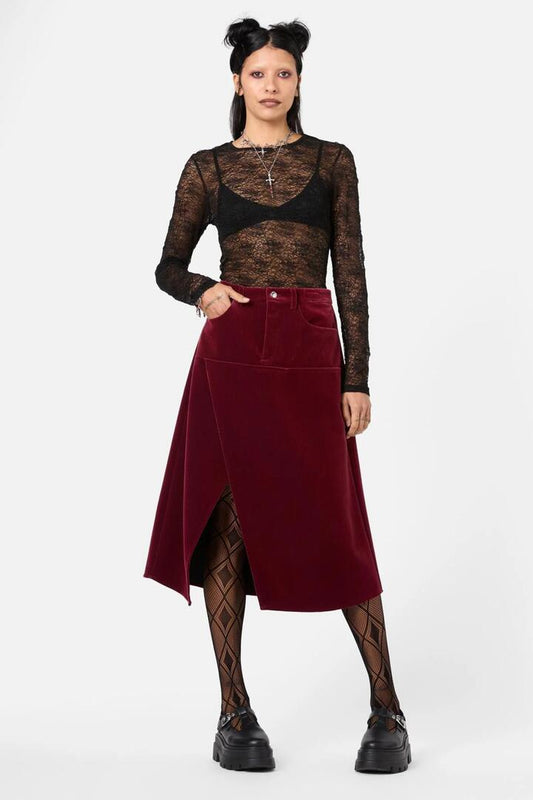 Image of a model wearing Skirts. Productname: Prestige Stripe Cord Skirt in Red/Black colour by brand - Dangerfield