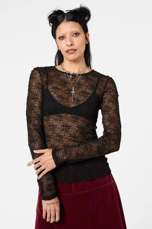 Image of a model wearing Tops. Productname: Myth Textured Mesh Long Sleeve Top in Black colour by brand - Dangerfield