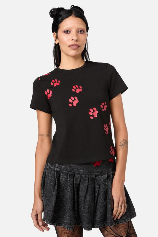 Image of a model wearing Tops. Productname: Moggy Glitter Paw Tee in Black colour by brand - Dangerfield