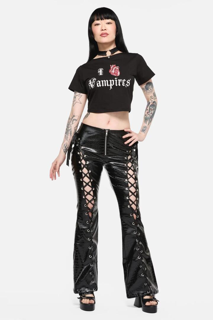 Image of a model wearing Tops. Productname: Vampire Lover Fitted Tee in Black colour by brand - Black Friday