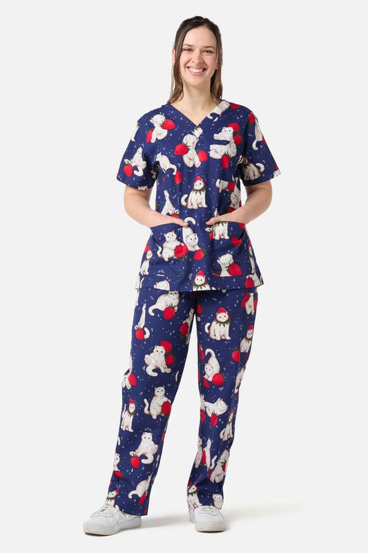 Image of a model wearing Uniforms & Workwear. Productname: Strawberry Cats Scrub Set in Navy colour by brand - Scrubs With Love