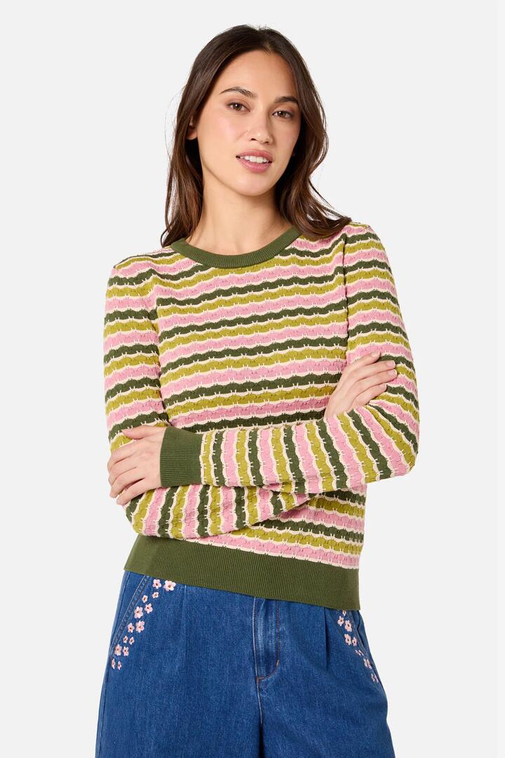 Image of a model wearing Outerwear. Productname: Erin Knit Jumper in Green/Pink colour by brand - Princess Highway
