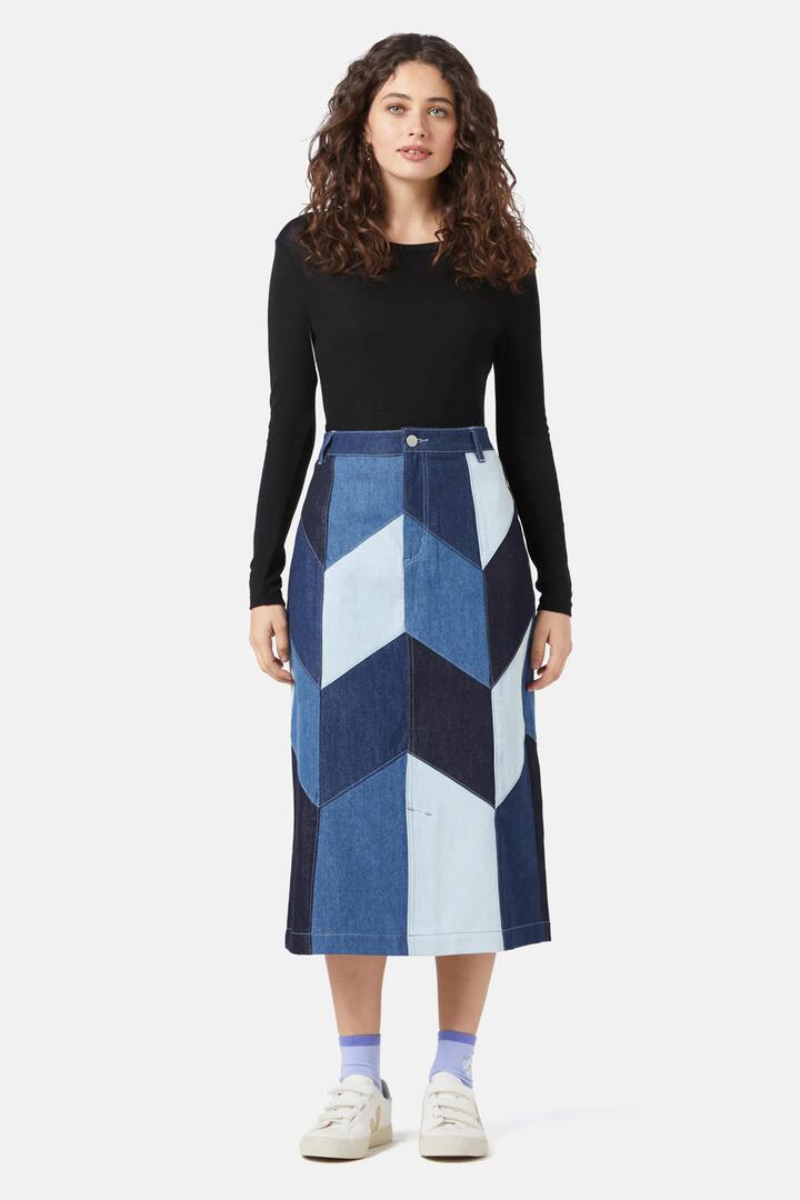 Image of a model wearing Denim. Productname: Dallas Spliced Denim Skirt in Denim colour by brand - Gorman