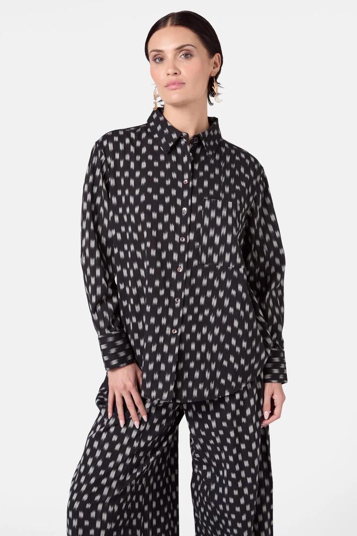 Image of a model wearing Tops. Productname: Ilana Ikat Shirt in Black colour by brand - Gorman