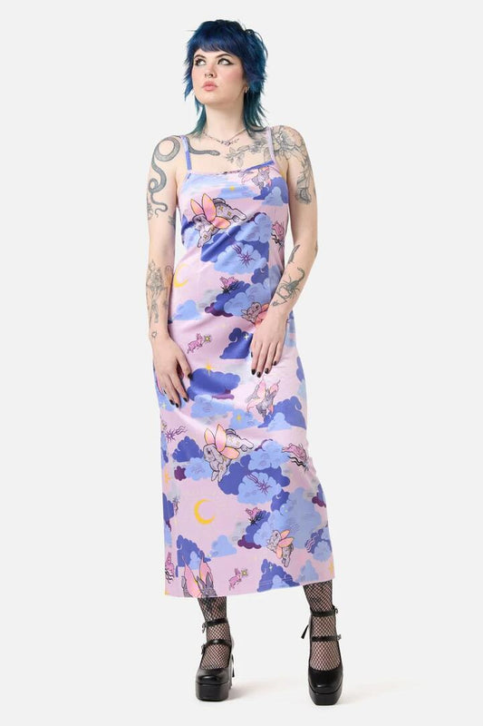 Image of a model wearing Dress. Productname: Goodnight Bunny Velvet Dress in Lavender colour by brand - Dangerfield
