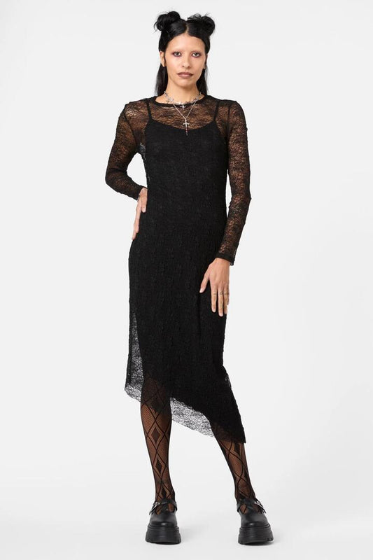 Image of a model wearing Dress. Productname: Myth Assymetric Dress in Black colour by brand - Dangerfield