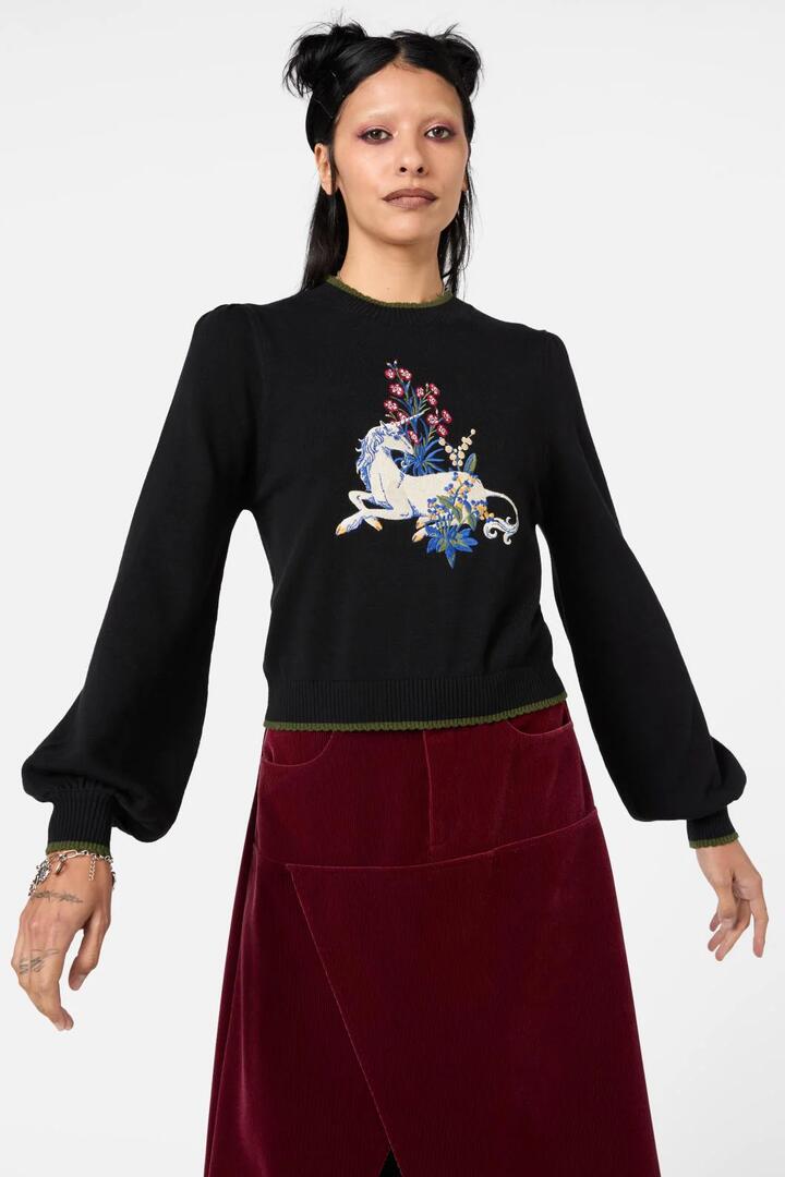 Image of a model wearing Tops. Productname: Aicorn Placement Knit in Black colour by brand - Dangerfield