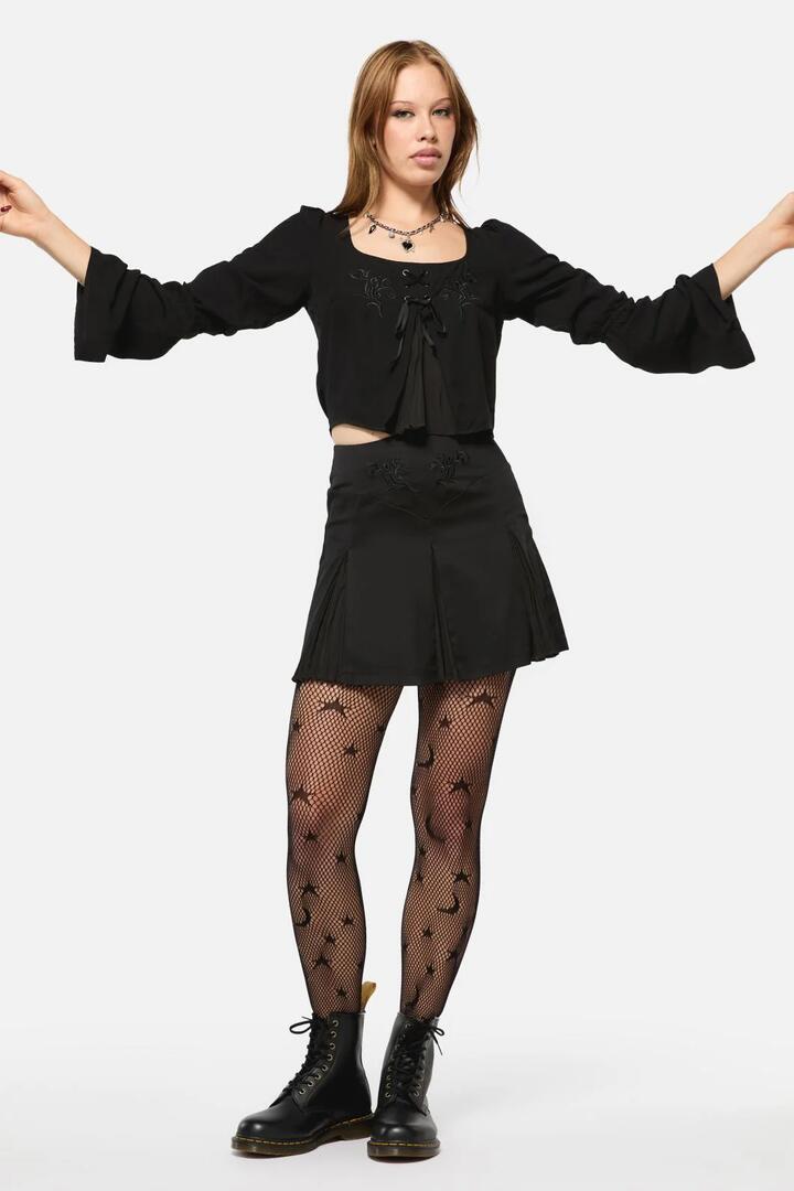 Image of a model wearing Skirts. Productname: Filigree Goth Skirt in Black colour by brand - Black Friday