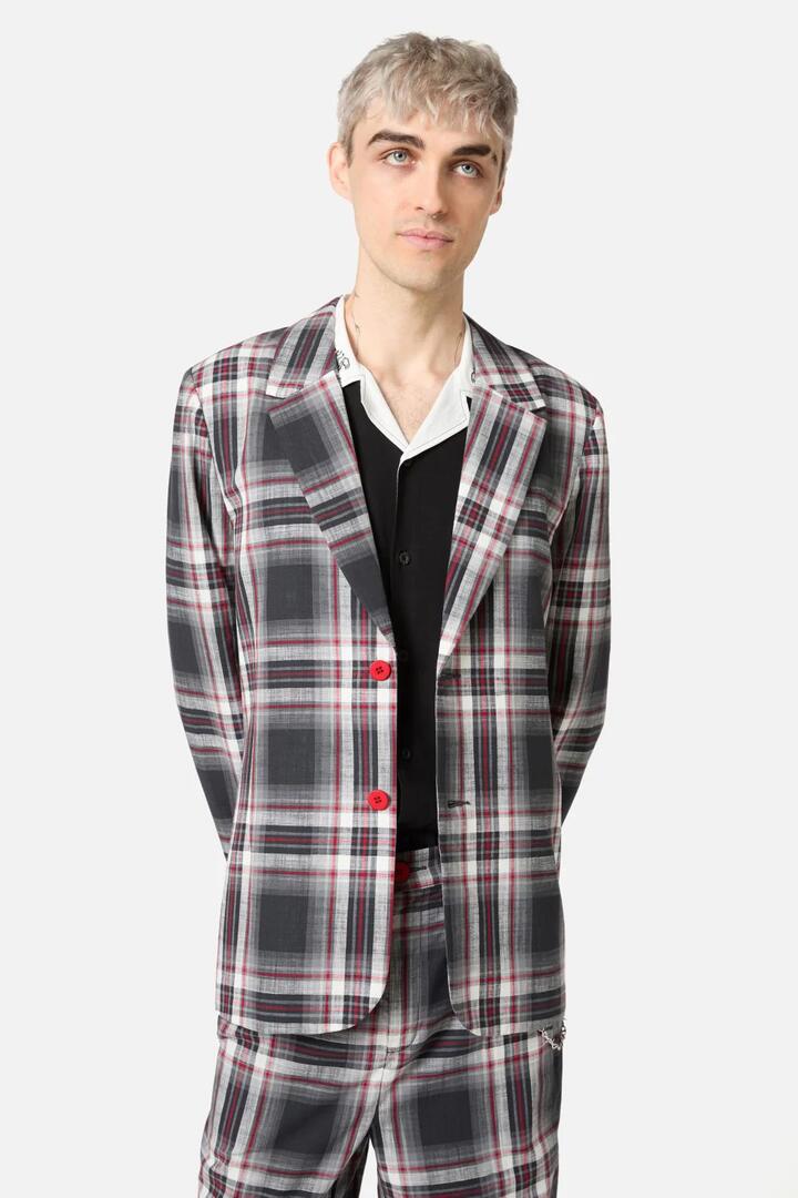 Image of a model wearing Outerwear. Productname: Moggy Tartan Blazer in Grey colour by brand - Dangerfield