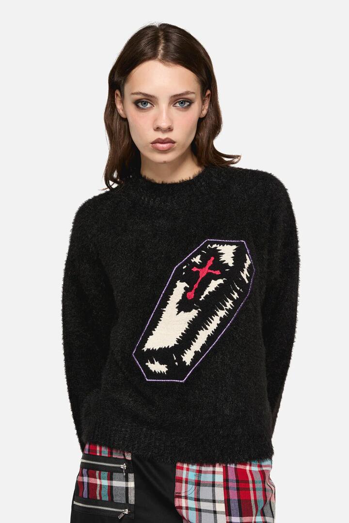 Image of a model wearing Tops. Productname: Nail In The Coffin Knit in Black colour by brand - Dangerfield